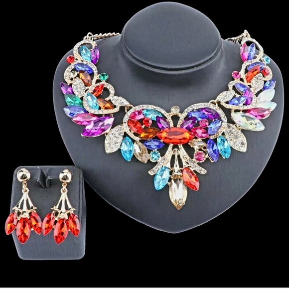 18K gold plated multi color rainbow crystal Necklace earrings set - Picture 12 of 16